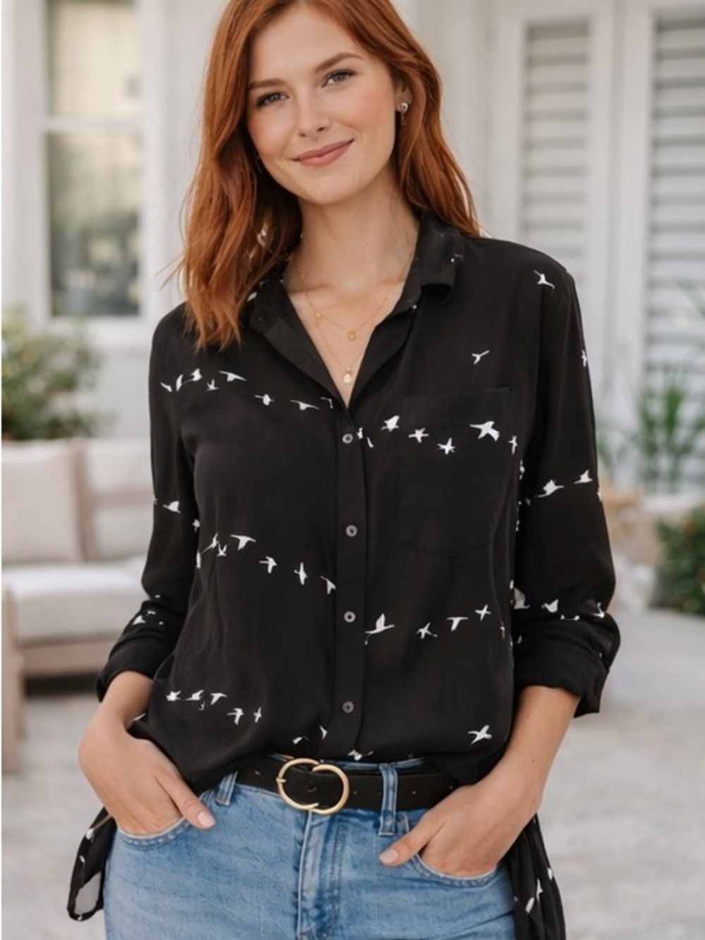 🕊️ Equipment Black Button-Down Silk Shirt with White Bird Print